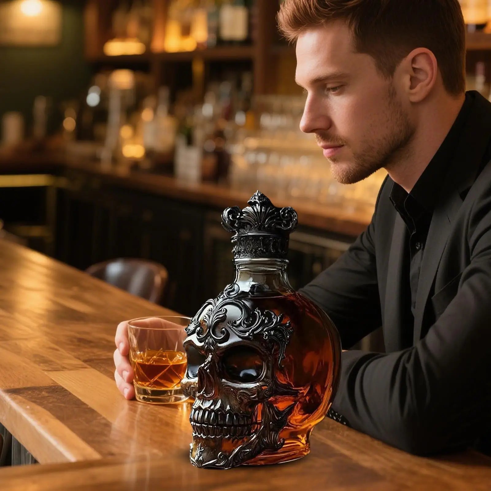 Skull King Whiskey Decanter – Gothic Glass Bottle for Liquor, Bourbon & Bar Decor - FairyLightTrees